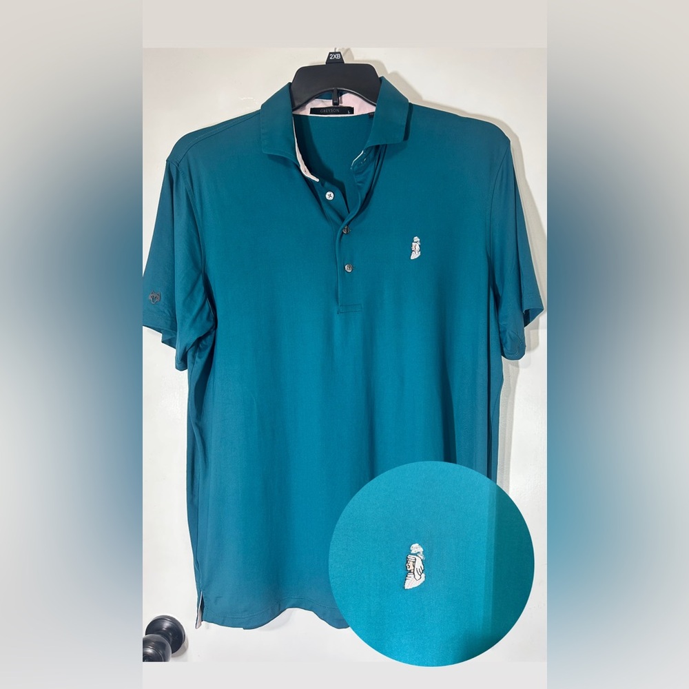 Greyson Polo Golf Shirt Men’s Teal/ Pink Short Sleeve Collared Logo Size Large